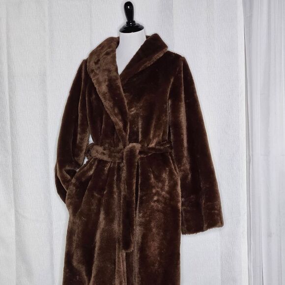 A Borg Fabric Tiffany Loungewear 70's Chocolate Brown Thick Fluffy Belted Robe - Picture 15 of 15
